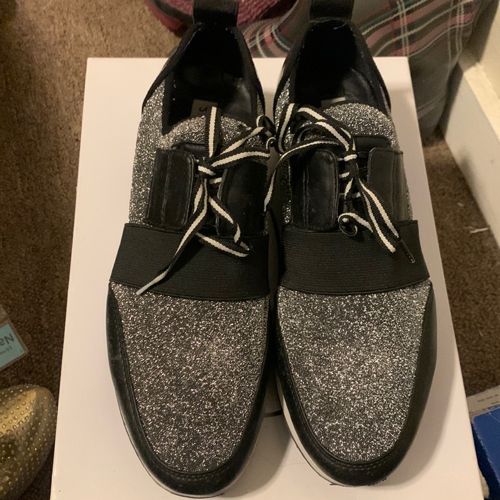 Steve Madden black shiny & pewter sneakers